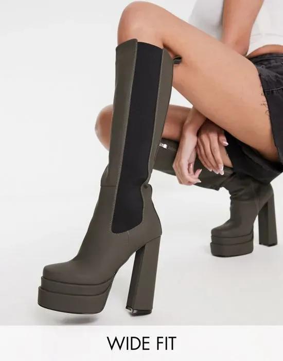 Simmi London Martha Wide Fit platform heel knee boots in olive green