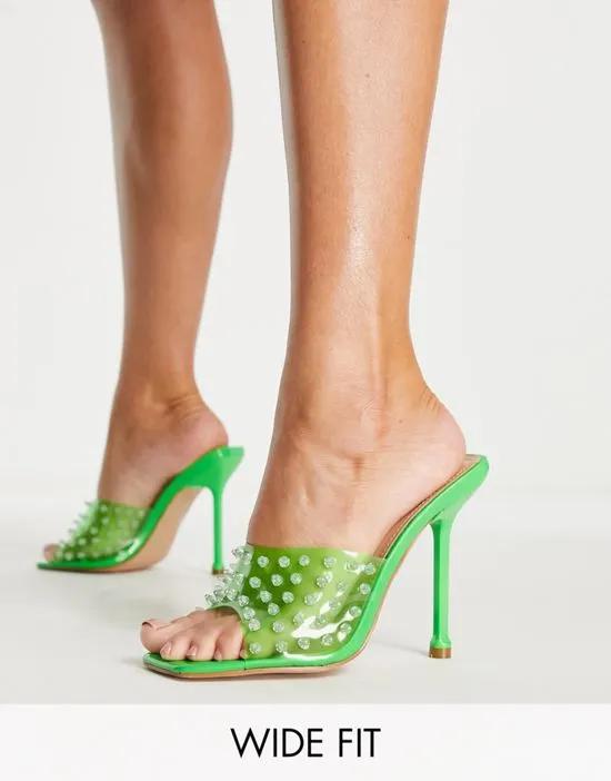 Simmi London Wide Fit clear crystal mule sandals in green