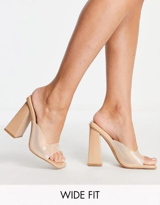 Simmi London Wide Fit clear mule heeled sandals in camel