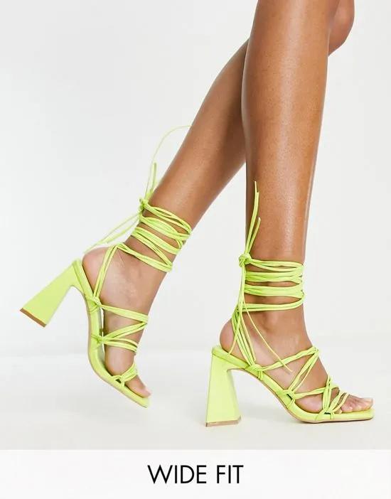 Simmi London Wide Fit Paris heeled sandals with ankle ties in lime
