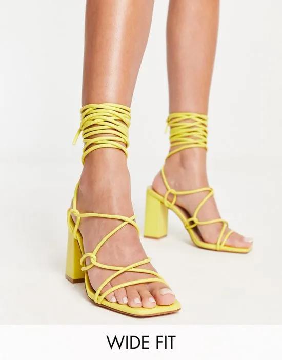 Simmi London Wide Fit tie ankle block heeled sandals in yellow