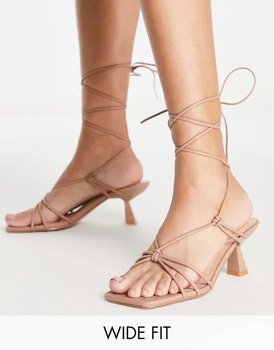 Simmi London Wide Fit tie ankle mid heeled sandals in camel