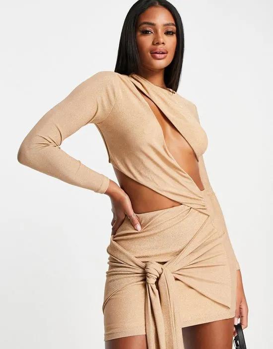 Simmi long sleeve cut out mini dress with knot train detail in tan