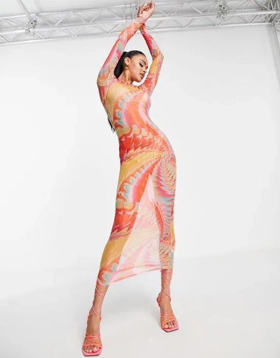 Simmi long sleeve sheer maxi dress in abstract rainbow