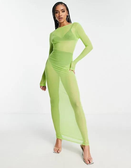 Simmi long sleeve sheer maxi scoop back dress in lime