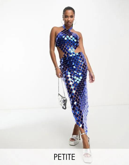 Simmi Petite sequin disc chainmail maxi dress with open back in blue