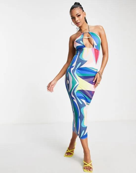 Simmi plunge front midi dress in blue abstract print