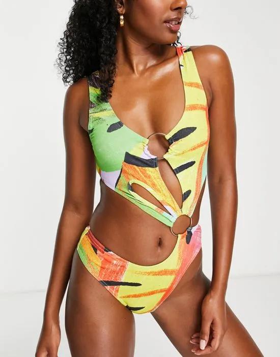 Simmi ring detail cut out swimsuit in rainbow zebra