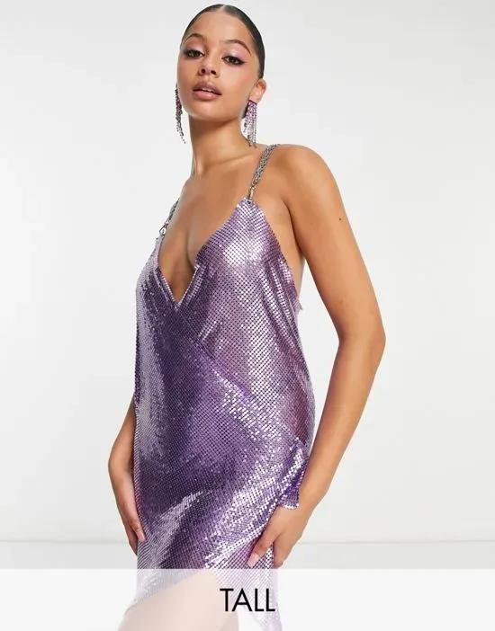 Simmi Tall embellished chainmail strappy wrap over mini dress in purple