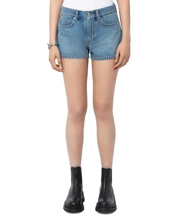 Sina Denim Crystal Stud Shorts