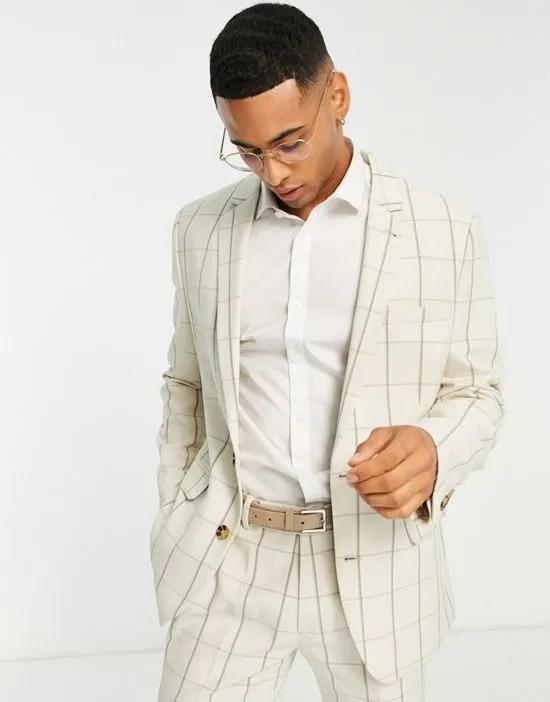 skinny linen mix suit jacket in ecru and brown grid check