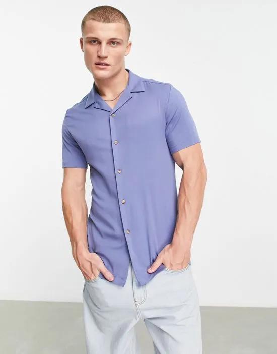 skinny viscose shirt with revere collar in dusky blue