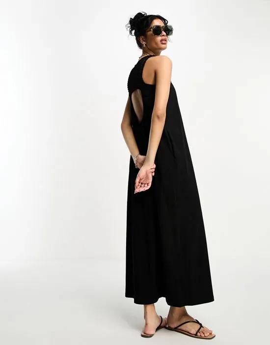 sleeveless crochet high neck maxi dress in black