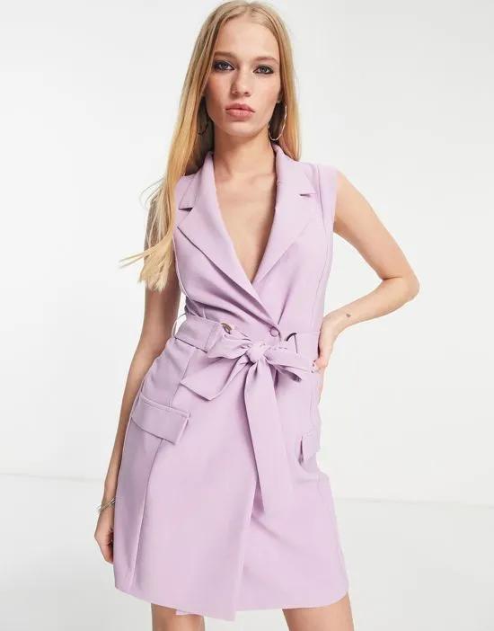 sleeveless double breasted mini blazer dress with D ring belt in lilac