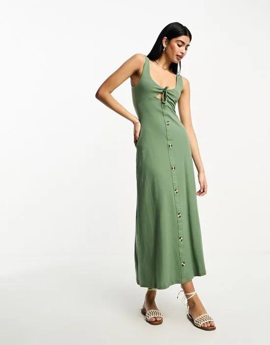 sleeveless midi dress with buttons and tie detail in sage