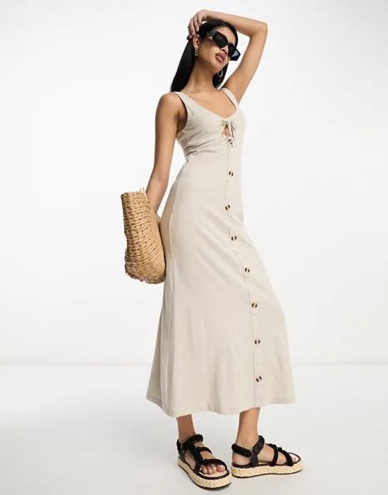 sleeveless midi dress with buttons and tie detail in stone