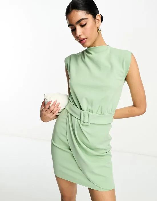 sleeveless mini dress with belt and wrap skirt in green