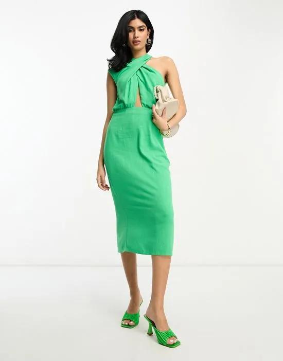 sleeveless one shoulder twist neck pencil midi dress in green