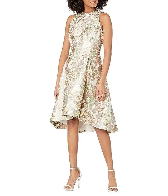Sleeveless Printed Jacquard Dress with High-Low Hem & Ruffle Detail