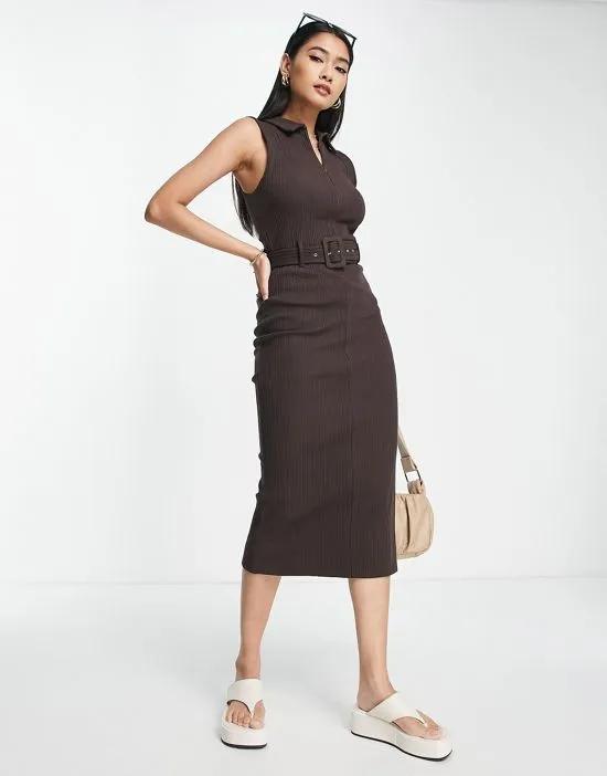 sleeveless ribbed midi dress with belt and zip detail in chocolate brown