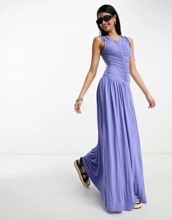 sleeveless ruched detail maxi dress in cornflower blue