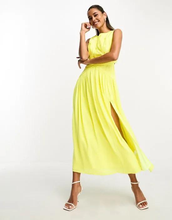 sleeveless satin pleated ruched maxi dress in bright yellow