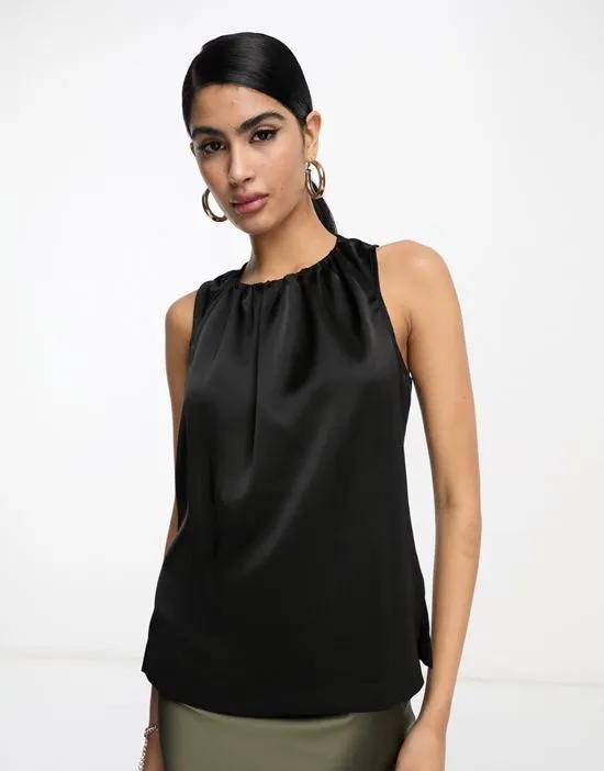 sleeveless satin top with ruched neck in black