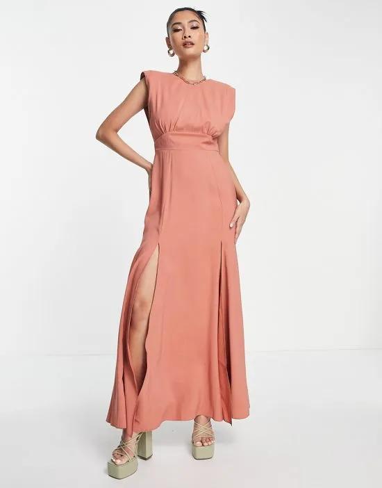 sleeveless shoulder pad linen maxi dress with slits in terracotta