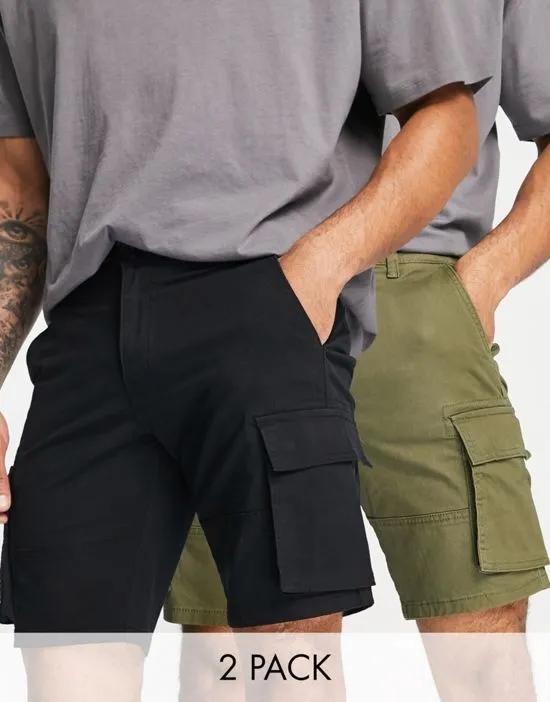 slim fit 2 pack cargo shorts in black & khaki