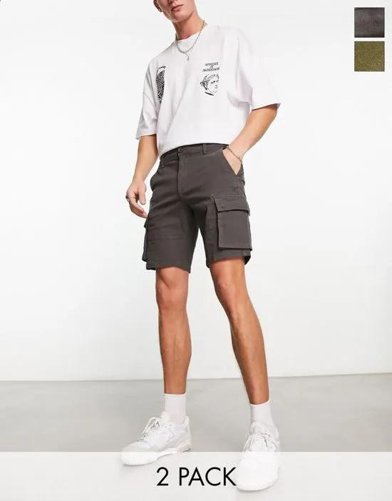 slim fit 2 pack cargo shorts in black & khaki