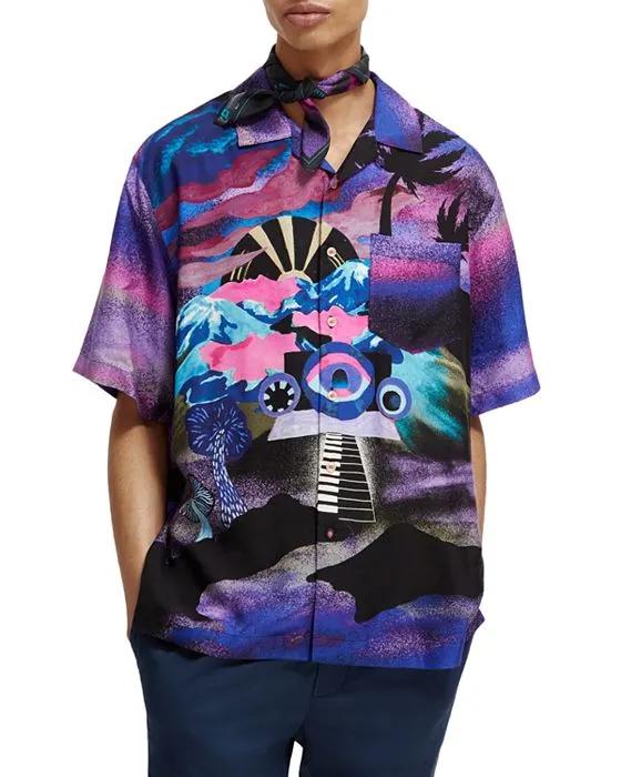Slim Fit Placed Printed Short Sleeve Camp Shirt