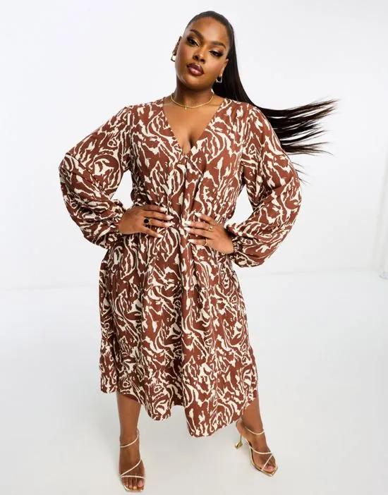 smock midaxi dress in brown abstract zebra print