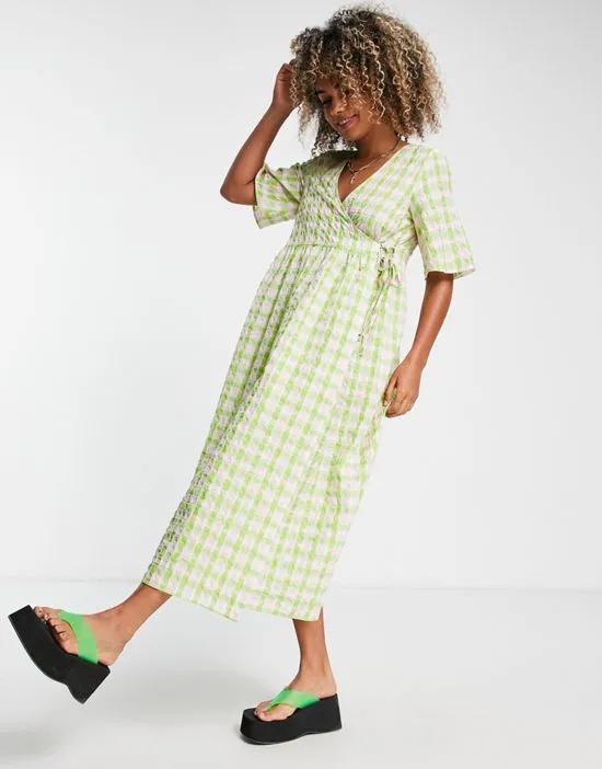 smock tie waist wrap midi dress in green and pink check