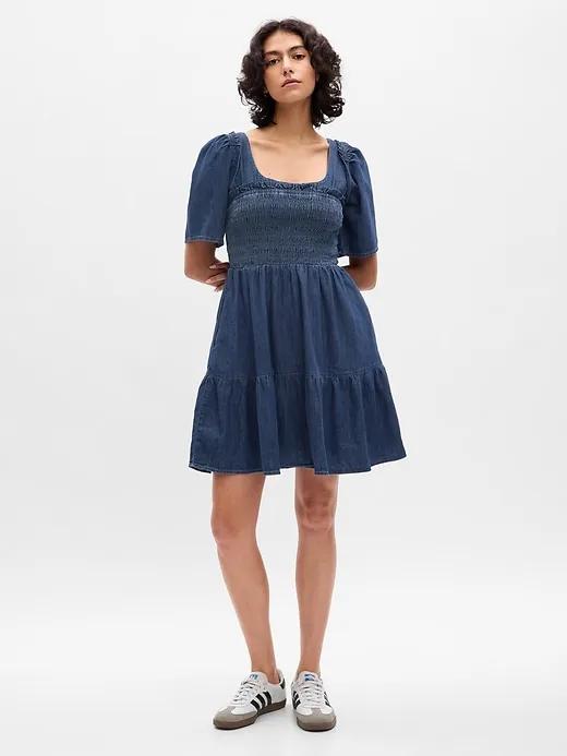 Smocked Denim Midi Dress with Washwell