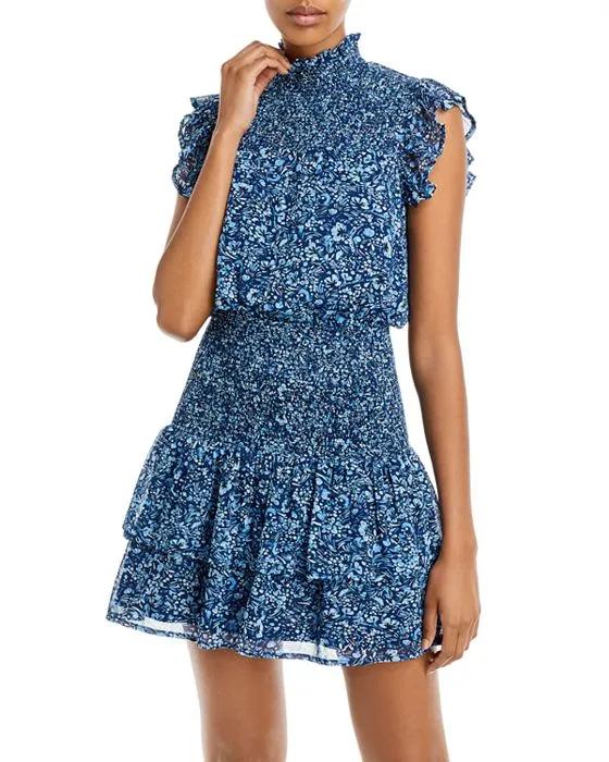 Smocked Metallic Floral Print Mini Dress - 100% Exclusive