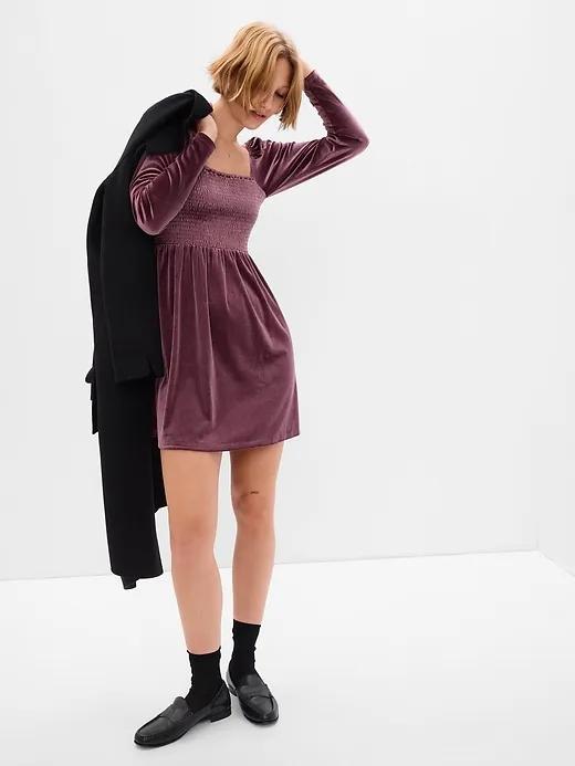 Smocked Velvet Mini Dress