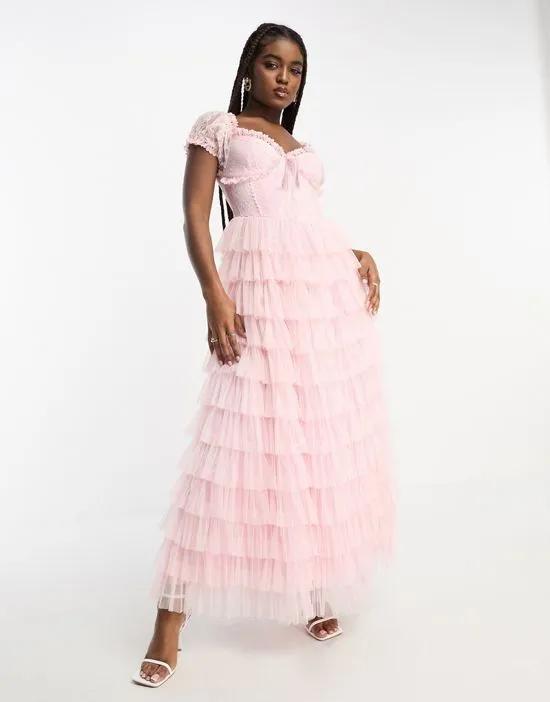 Sofia lace tiered maxi dress in light pink