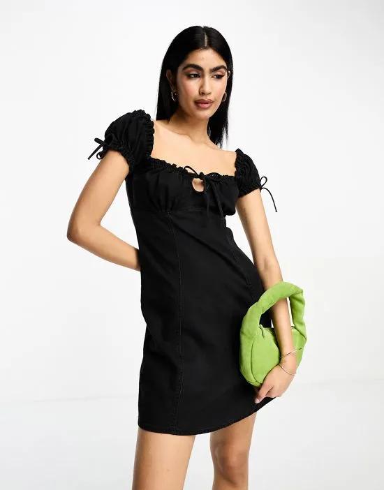 soft denim mini dress with ruched sleeves in black