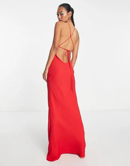 soft halter bias maxi dress in red