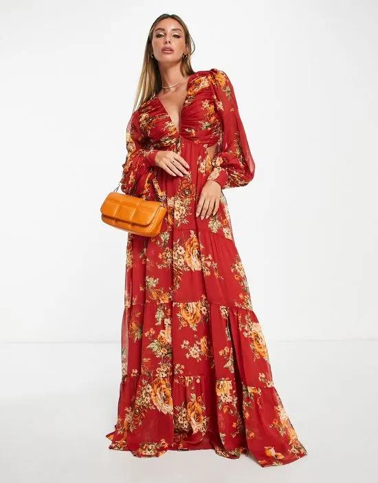 soft pleated bodice maxi dress with tiered skirt and lace up back detail in floral print in red