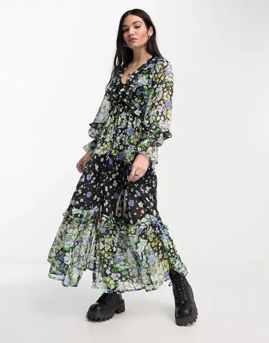 spliced floral print tiered maxi dress
