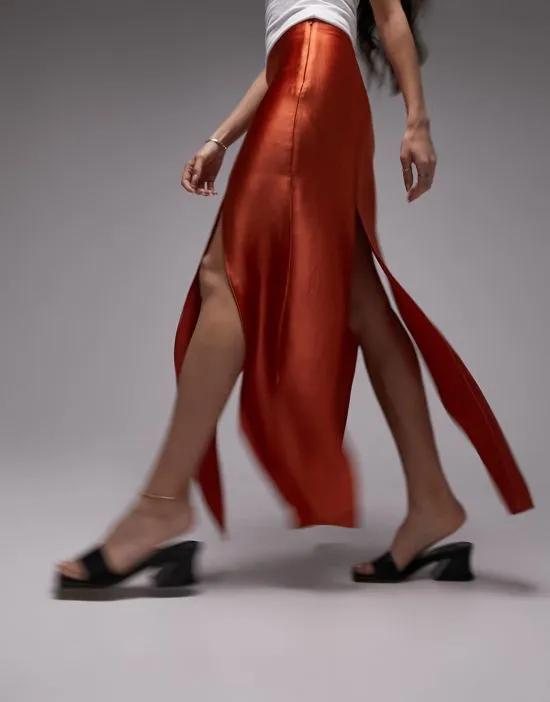 spliced split satin midi skirt in rust