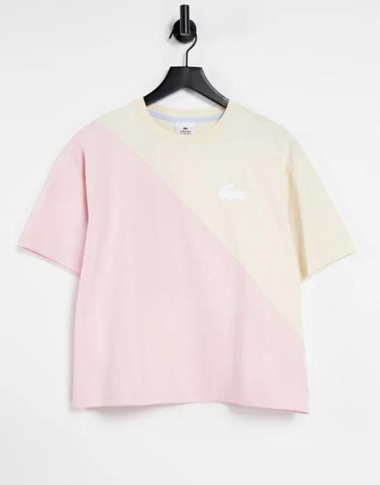spliced t-shirt in pink and cream
