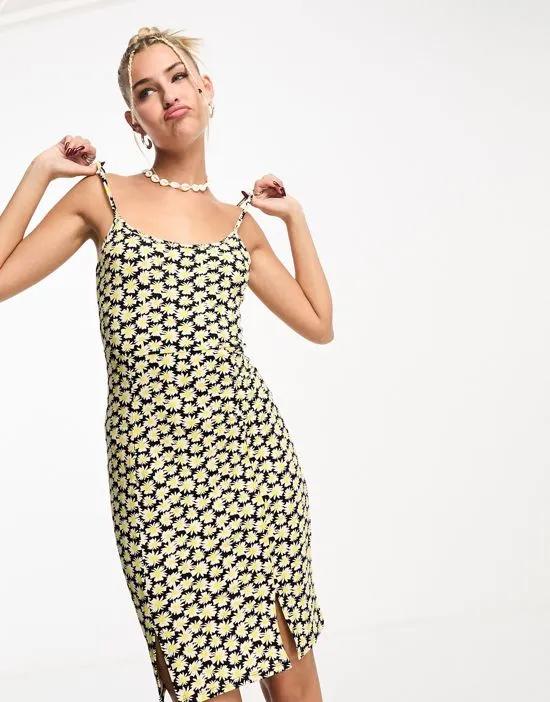 split front mini cami dress in yellow and black floral