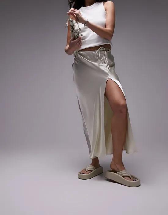 split tie bias midi skirt in champagne