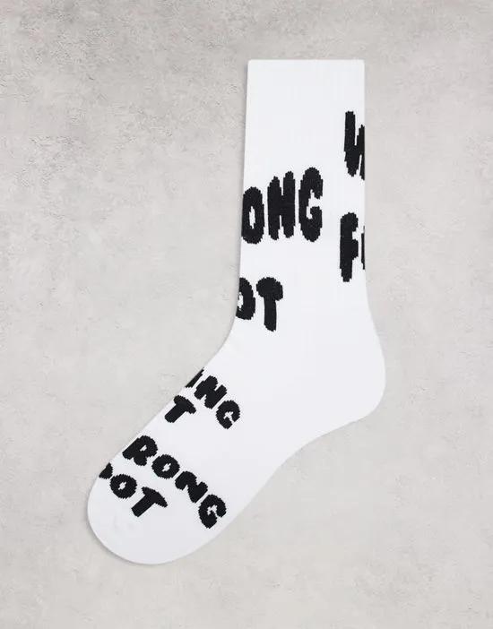 sports sock with wrong foot slogan