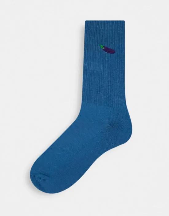sports socks in blue with aubergine design