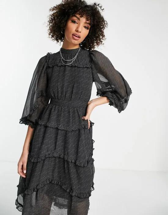 spot print midi dress with frill detail in black - MULTI