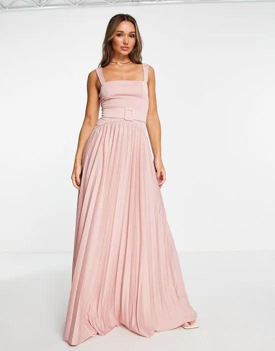 square neck belted pleated maxi dress in rose - PINK