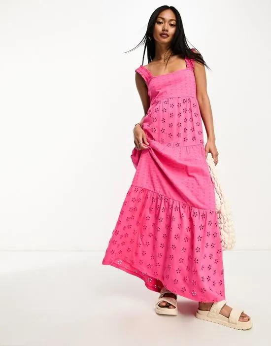 square neck eyelet tiered maxi dress in hot pink